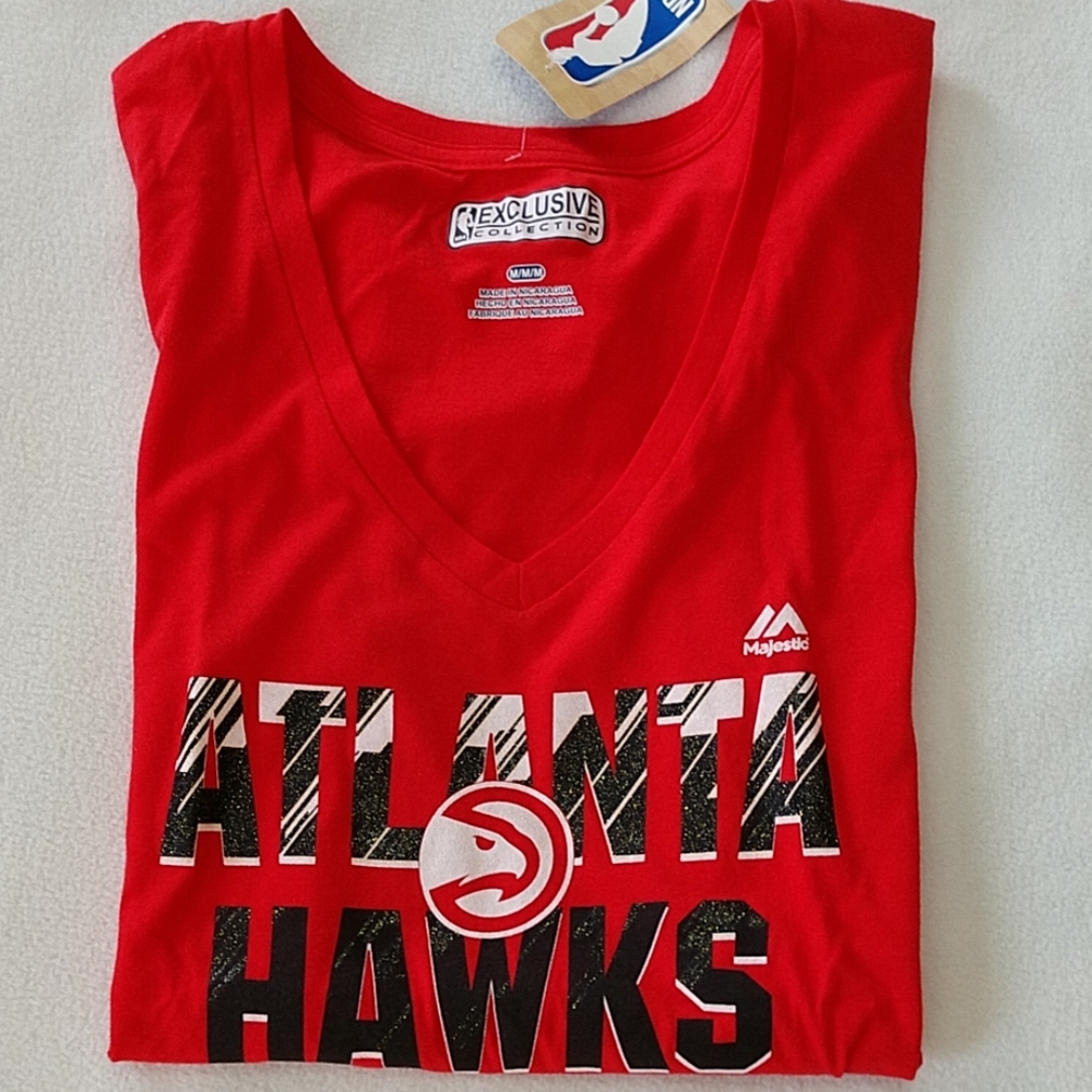 NEW Atlanta Hawks T-shirt Majestic Womens Short Sl Cotton NBA Tee Sparkle Logo M - Picture 2 of 10